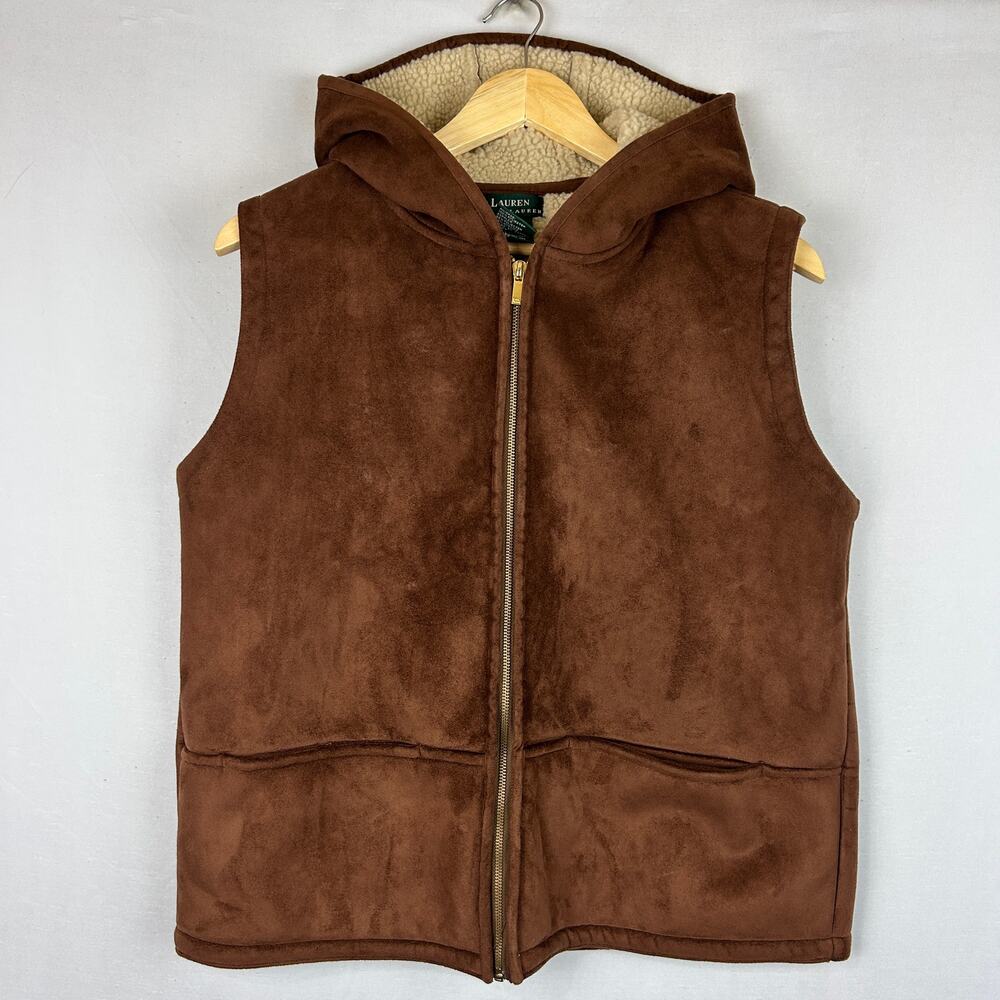 Lauren Ralph Lauren Brown Sherpa Lined Faux Suede Hooded Vest Women's Size L